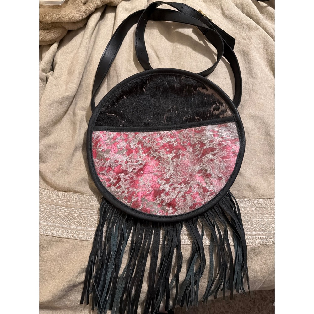 Jessica Thompson Leather Cowhide Fringe Round Crossbody Bag Black Pink Metallic